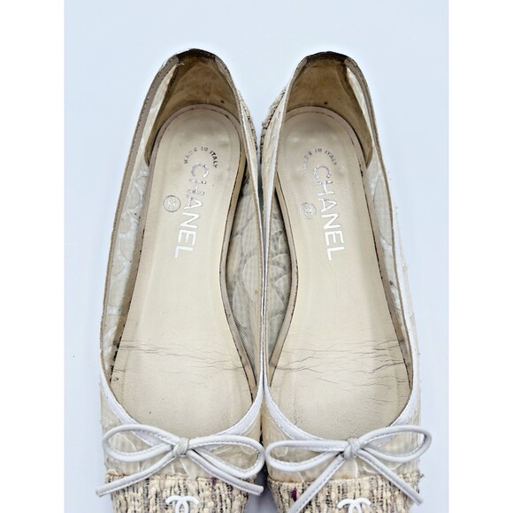 Chanel Ballet Flats White & Cream Tweed & Lace CC Logo Sz EU 35.5 5.5 - Picture 7 of 13